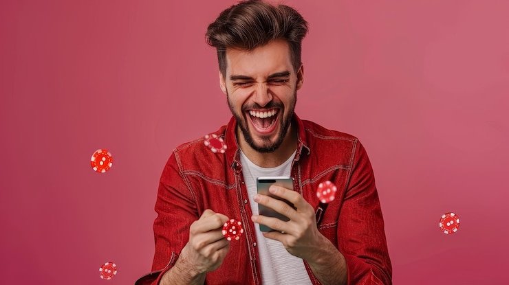 Seorang pemain menikmati permainan slot neon di perangkat mobile di malam hari